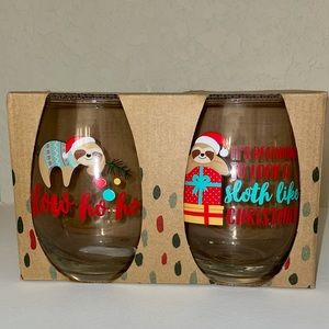 Set of 2 Holiday Themed Stemless Wine Glasses
